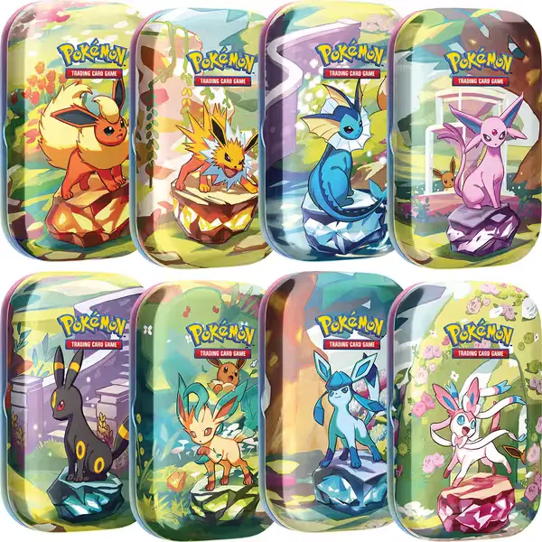 Collezione Mini Tin Pokémon Evoluzioni Prismatiche con Eevolutions, in italiano, contenente bustine assortite e carta illustrata da collezione. Prodotti ufficiali e sigillati.