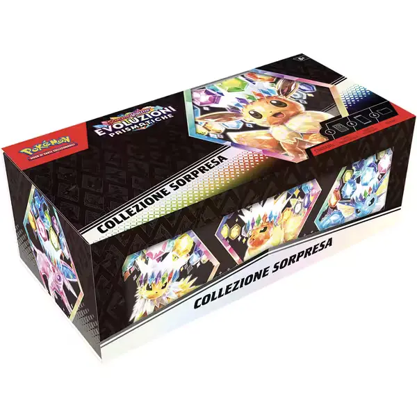 Box Collezione Sorpresa Pokémon Evoluzioni Prismatiche in italiano, contiene bustine e carte promo. Nuovo e sigillato.