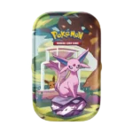 Mini Tin Pokémon Evoluzioni Prismatiche con Espeon, in italiano, contenente bustine assortite e carta illustrata da collezione. Prodotto ufficiale e sigillato.