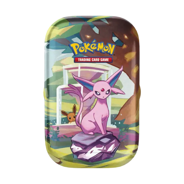 Mini Tin Pokémon Evoluzioni Prismatiche con Espeon, in italiano, contenente bustine assortite e carta illustrata da collezione. Prodotto ufficiale e sigillato.