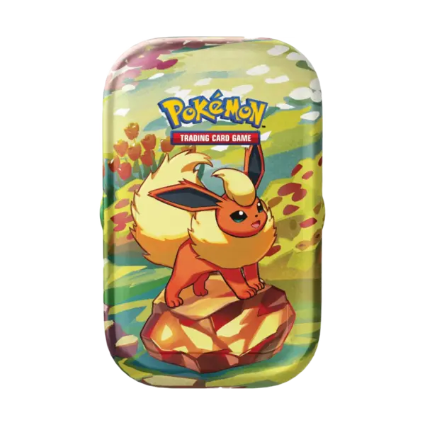 Mini Tin Pokémon Evoluzioni Prismatiche con Flareon, in italiano, contenente bustine assortite e carta illustrata da collezione. Prodotto ufficiale e sigillato.
