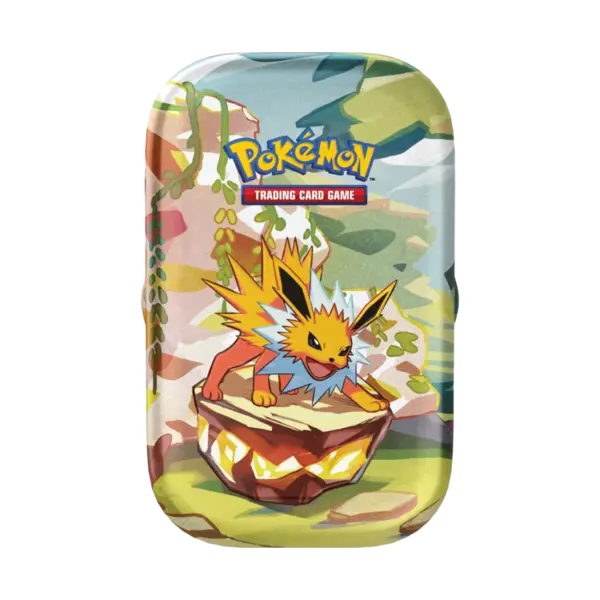 Mini Tin Pokémon Evoluzioni Prismatiche con Jolteon, in italiano, contenente bustine assortite e carta illustrata da collezione. Prodotto ufficiale e sigillato.
