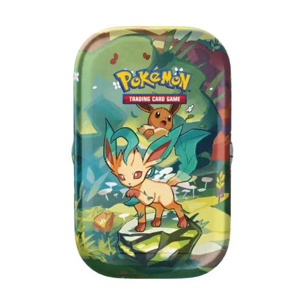 Mini Tin Pokémon Evoluzioni Prismatiche con Leafeon, in italiano, contenente bustine assortite e carta illustrata da collezione. Prodotto ufficiale e sigillato.