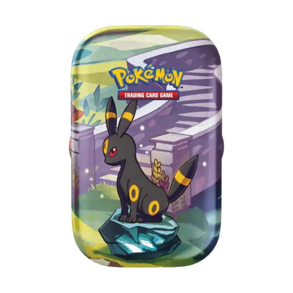 Mini Tin Pokémon Evoluzioni Prismatiche con Umbreon, in italiano, contenente bustine assortite e carta illustrata da collezione. Prodotto ufficiale e sigillato.