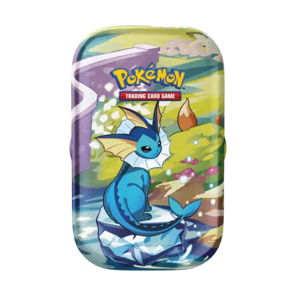 Mini Tin Pokémon Evoluzioni Prismatiche con Vaporeon, in italiano, contenente bustine assortite e carta illustrata da collezione. Prodotto ufficiale e sigillato.