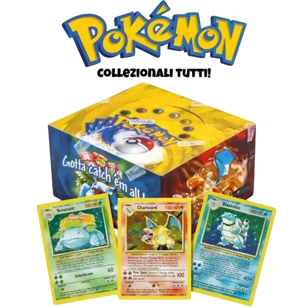 Box Pokémon Set Base con logo e carte Charizard, Blastoise e Venusaur – Collezionali tutti!