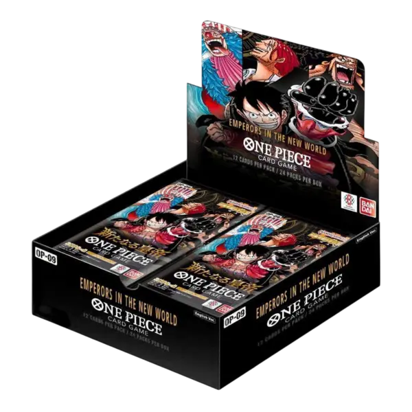 Box sigillato One Piece Card Game OP-09 in lingua inglese, perfetto per collezionisti e tornei.