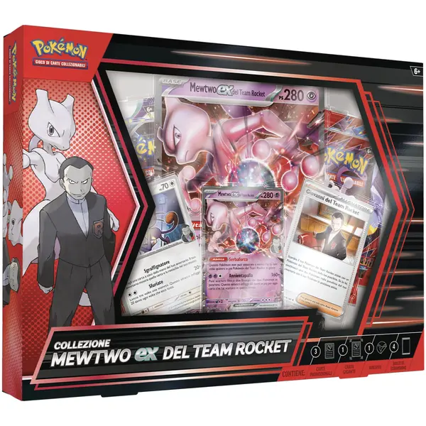 Box Collezione Mewtwo ex del team rocket, contenente carte promo e bustine di espansione.