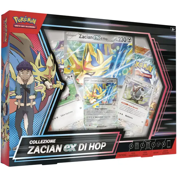 Box Collezione Zacian ex con Hop, contenente carte promo e bustine di espansione.