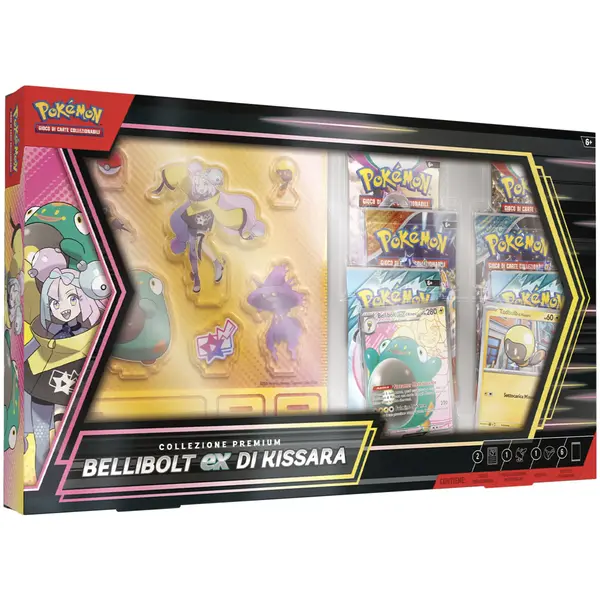 Box Collezione Premium Bellibolt-ex di Kissara con carte promo, fondale, plexiglas sagomato e buste GCC Pokémon.