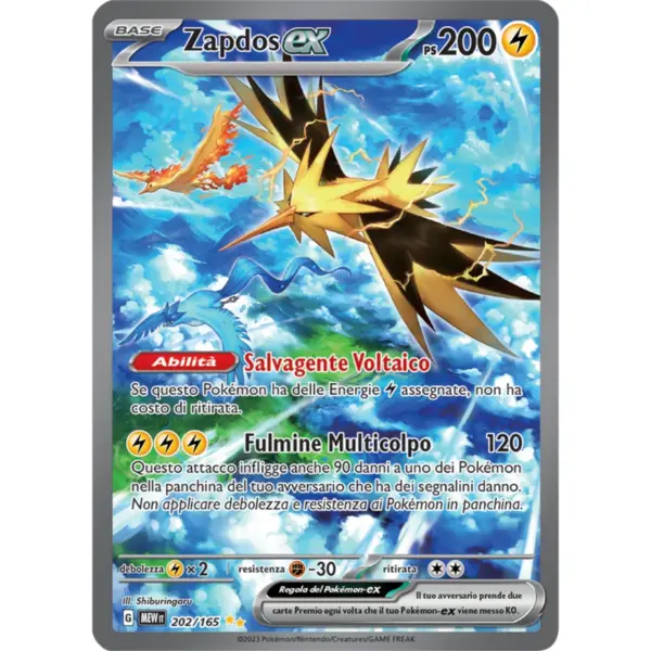 Carta Pokémon Zapdos ex 202/165 in italiano dal set Pokémon 151 – illustrazione con Zapdos, Articuno e Moltres