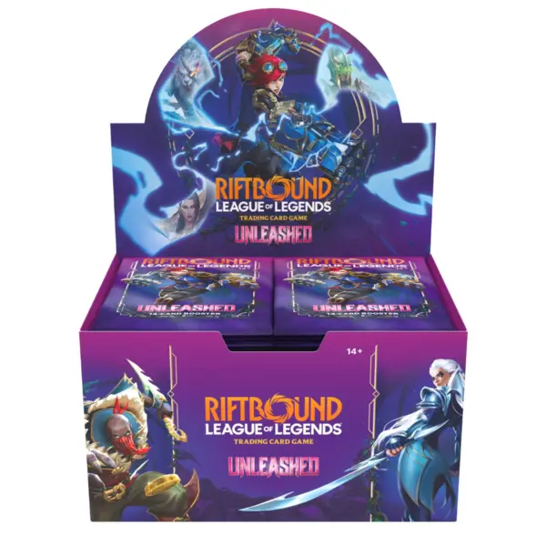 Riftbound Unleashed box display aperto vista frontale con booster pack